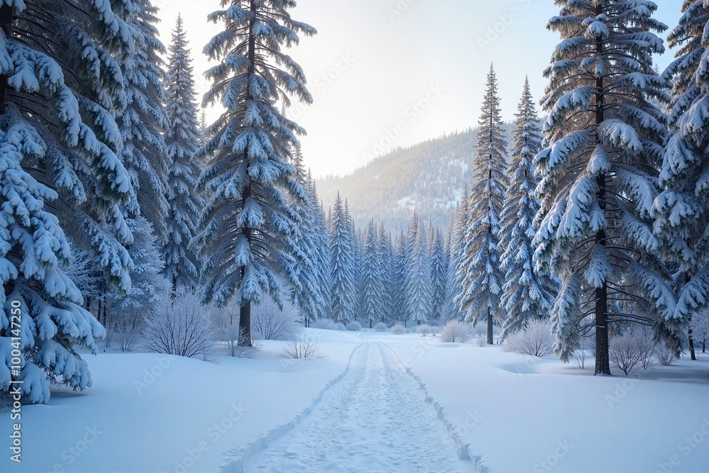 Fototapeta premium Serene snow-covered path winding through tall evergreen trees in winter forest