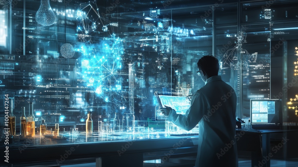 Scientist Working with Digital Data in a Modern Lab. Scientist Working with Digital Data in a Modern Lab.