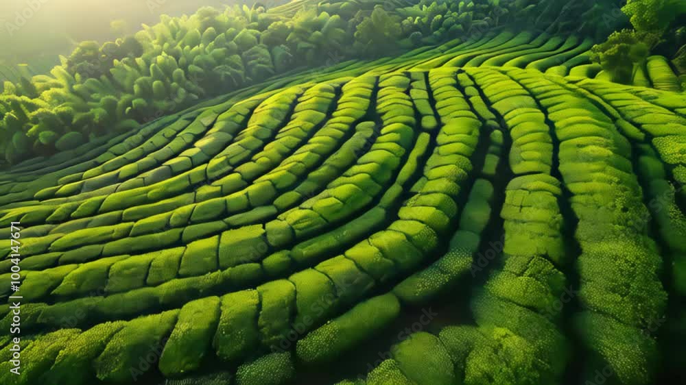 Lush Green Tea Fields in a Mountainous Area with Rows of Tea Plants Lush Green Tea Fields in a Mountainous Area with Rows of Tea Plants