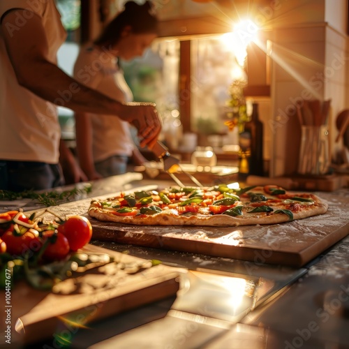 A person making homemade pizza in the kitchen