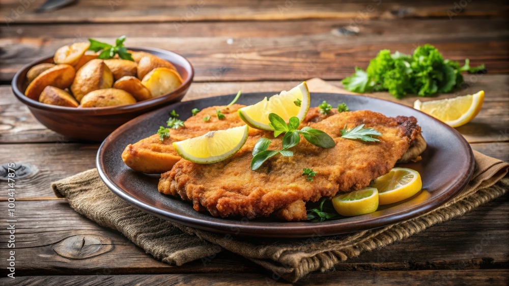 Delicious schnitzel with crispy fried potatoes on a rustic wooden table Delicious schnitzel with crispy fried potatoes on a rustic wooden table