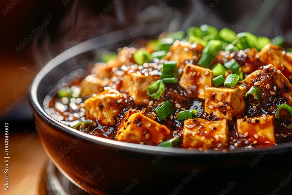 Close-up of a sizzling bowl of mapo tofu with tender tofu cubes, spicy Sichuan sauce, and green onions Close-up of a sizzling bowl of mapo tofu with tender tofu cubes, spicy Sichuan sauce, and green onions