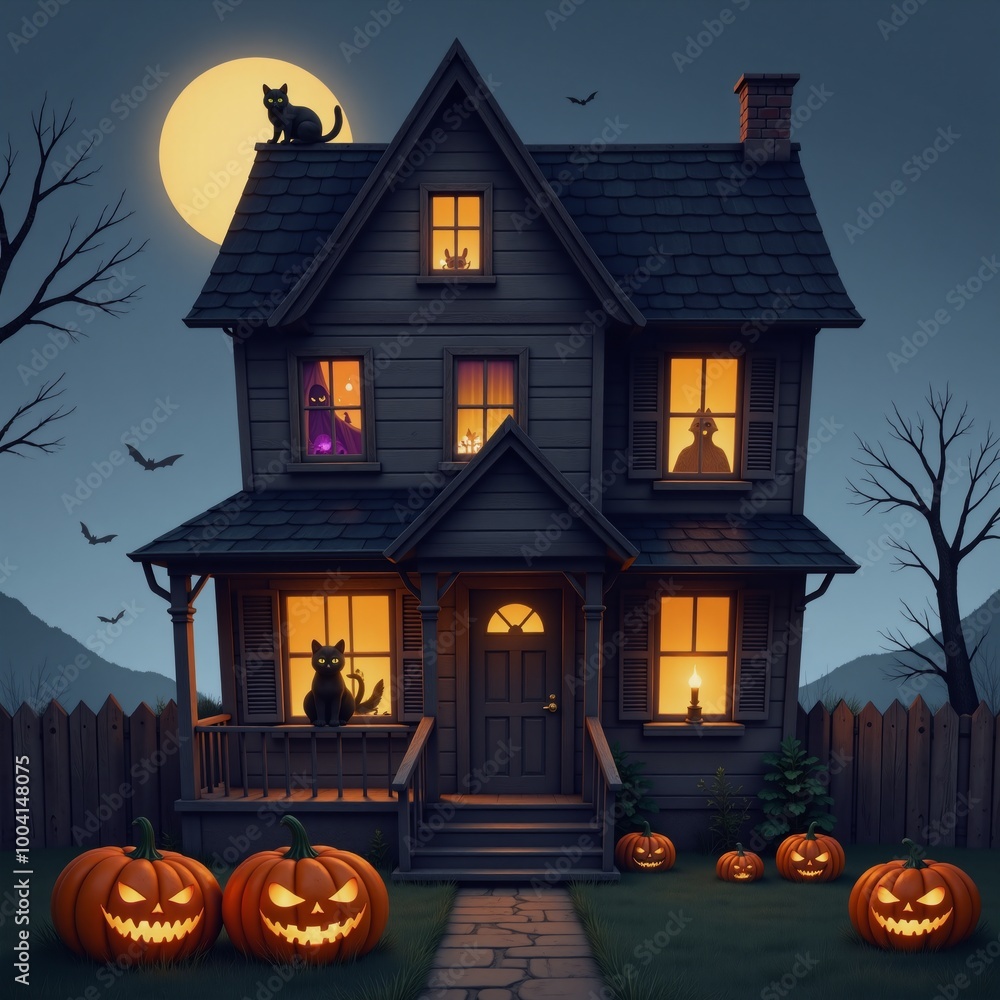 Spooky Halloween night illustration featuring a haunted house pumpkins bats and a black cat on All Hallows Eve Spooky Halloween night illustration featuring a haunted house pumpkins bats and a black cat on All Hallows Eve
