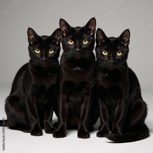 Three black cats with vibrant yellow eyes against an isolated backdrop