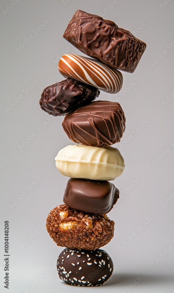 Stack of Assorted Gourmet Chocolates Isolated on Gray Background
