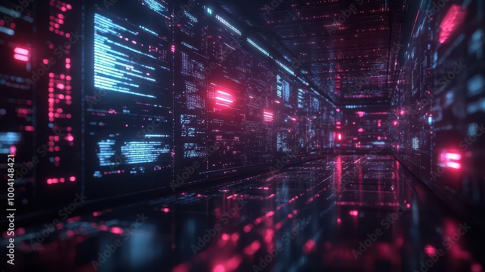 Obraz premium data center scene showcasing container orchestration platforms with kubernetes clusters surrounded by hightech visualizations and digital interfaces