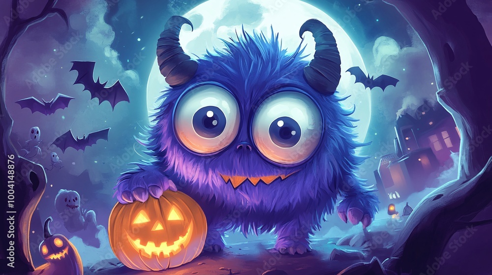 Obraz premium Colorful monster with pumpkin on Halloween night.