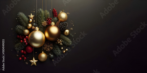 Beautiful Christmas composition on a black background in red and gold color. 