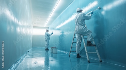 Painters in uniforms apply blue paint on tall wall. photo