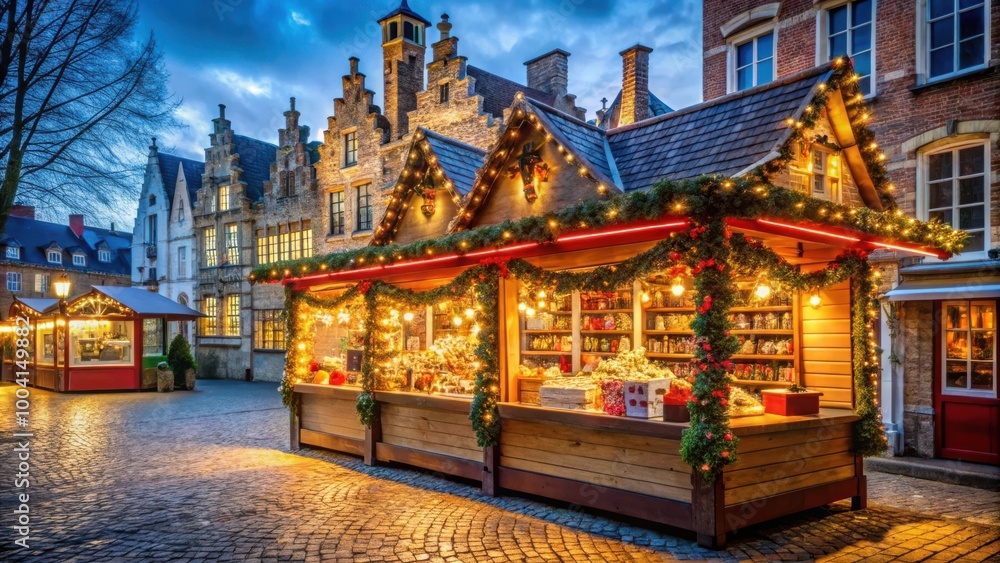 Fototapeta premium Illuminated Christmas fair kiosk in Bruges, Belgium with shining decoration merchandise for festive seasonal celebration