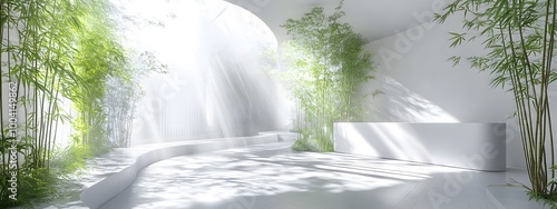 Design an interior space with white walls, green plants, and bamboo.