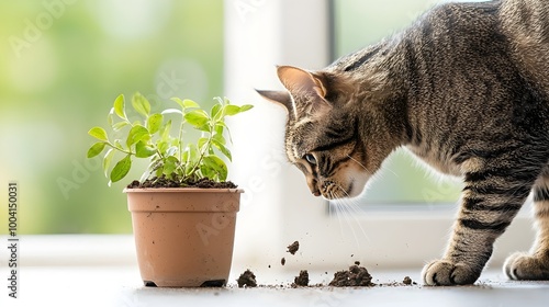 Curious Cat Causes Botanical Mayhem - Playful Feline Overturns Plant Pot Dirt Flying Everywhere in a Chaotic Display of Paws and Plant Destruction photo