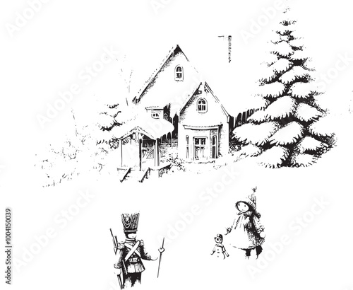 A hand-drawn scene of a small, snowy house and a leafless tree with two toys—a stuffed rabbit and a toy truck—lying partially covered in snow, all against a white background.