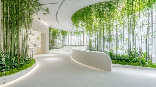 Design an interior space with white walls, green plants, and bamboo.