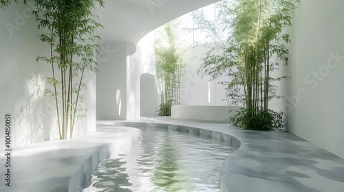 Design an interior space with white walls, green plants, and bamboo.