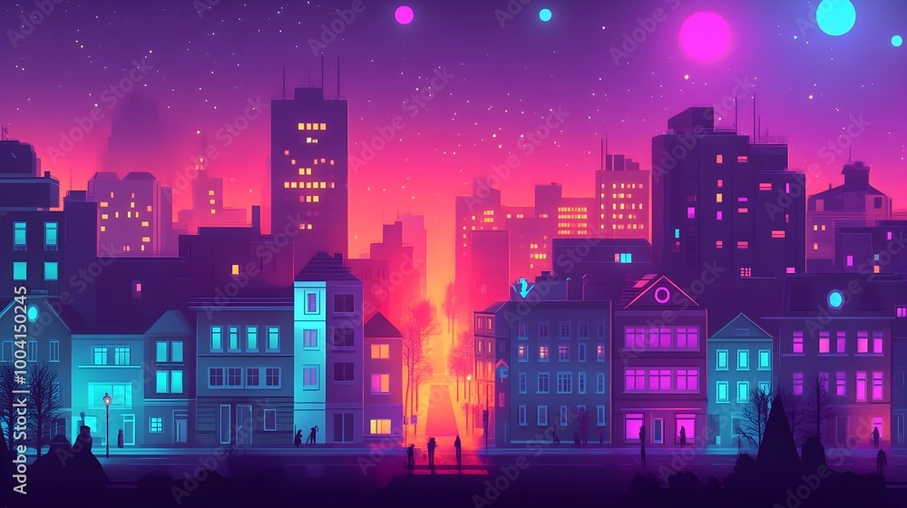Vibrant Futuristic Cityscape with Neon Lights and Starry Night Sky Vibrant Futuristic Cityscape with Neon Lights and Starry Night Sky