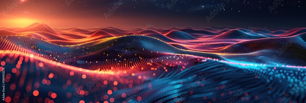 Fototapeta premium Abstract landscape with glowing hills and sunset.