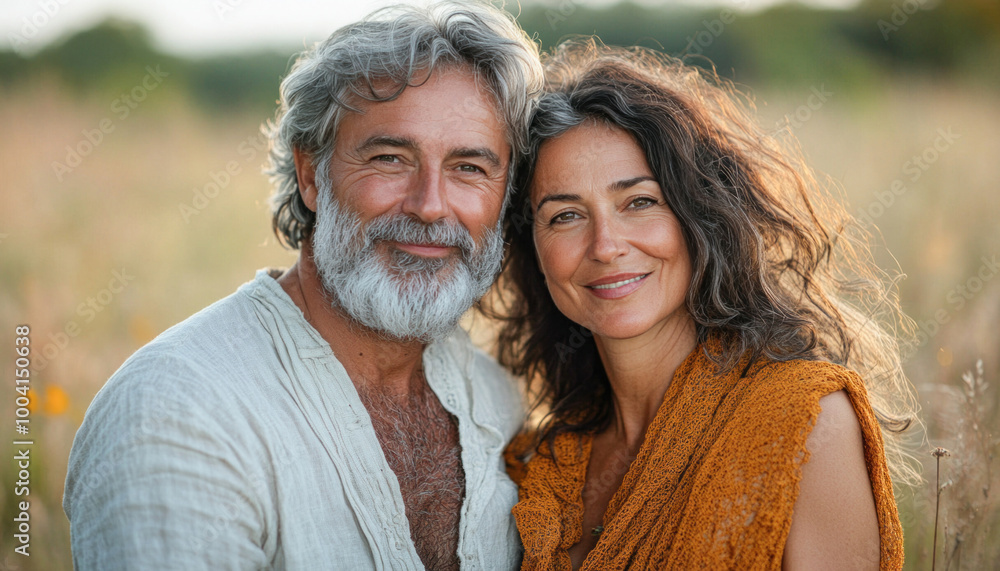 Happy mature couple smiling in a field at sunset Happy mature couple smiling in a field at sunset