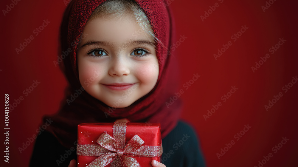 little smiling muslim girl in elegant hijab holding gift box with bow on red background, new year, hijra day, christmas, birthday, surprise, present, multicultural, diversity, child, kid, children little smiling muslim girl in elegant hijab holding gift box with bow on red background, new year, hijra day, christmas, birthday, surprise, present, multicultural, diversity, child, kid, children