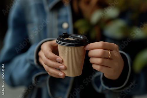 A close-up of hands holding a to-go coffee cup with a black lid, wearing a casual denim jacket outdoors. The scene evokes a cozy, warm atmosphere perfect for autumn.