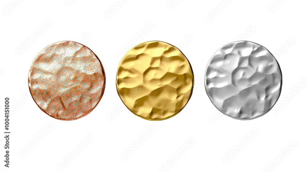 Textured coins in bronze, gold, and silver showcase unique design, reflecting light beautifully. These coins can symbolize wealth, achievement, or collectibles Textured coins in bronze, gold, and silver showcase unique design, reflecting light beautifully. These coins can symbolize wealth, achievement, or collectibles