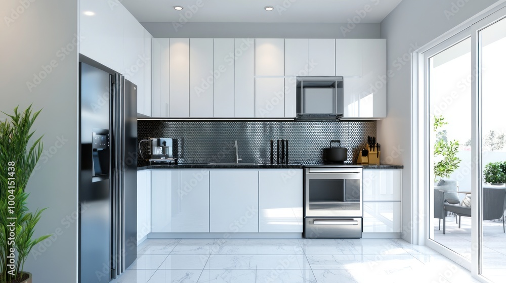 Modern kitchen with sleek design, featuring appliances and a view of an outdoor space. Modern kitchen with sleek design, featuring appliances and a view of an outdoor space.