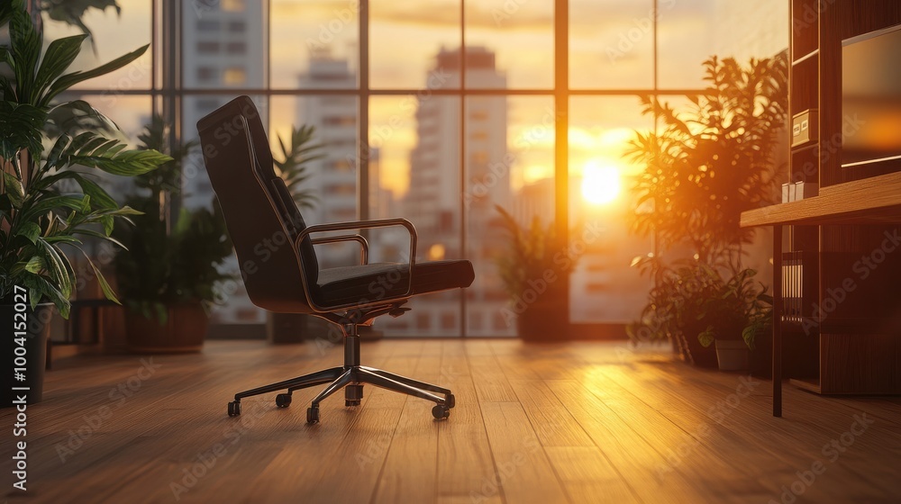 Fototapeta premium A modern office space with a minimalist black chair, wooden floor, and the soft orange glow of the rising sun filtering through large windows