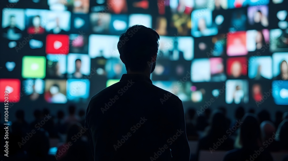 Silhouetted Man Observing Digital Screens and Interfaces in Technology Environment Silhouetted Man Observing Digital Screens and Interfaces in Technology Environment