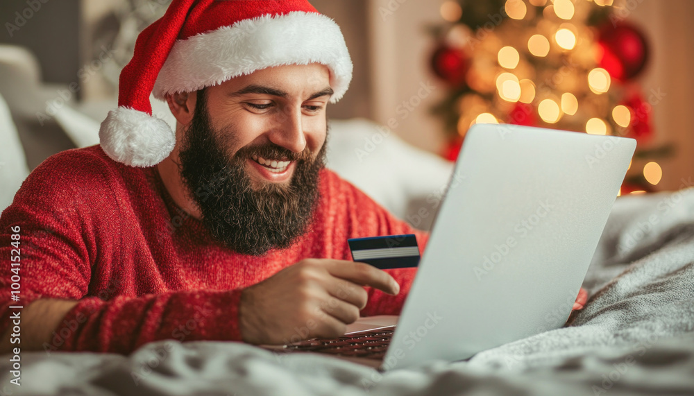 Bearded man using laptop for christmas shopping online with credit card Bearded man using laptop for christmas shopping online with credit card