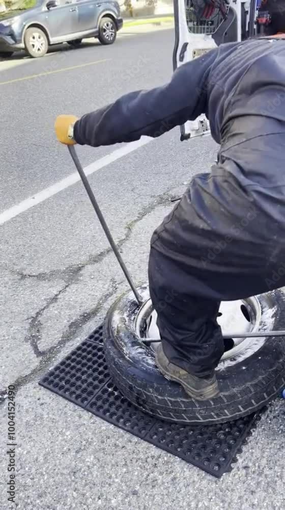 Man in overalls repairs tire on side of the road using bars for leverage Man in overalls repairs tire on side of the road using bars for leverage