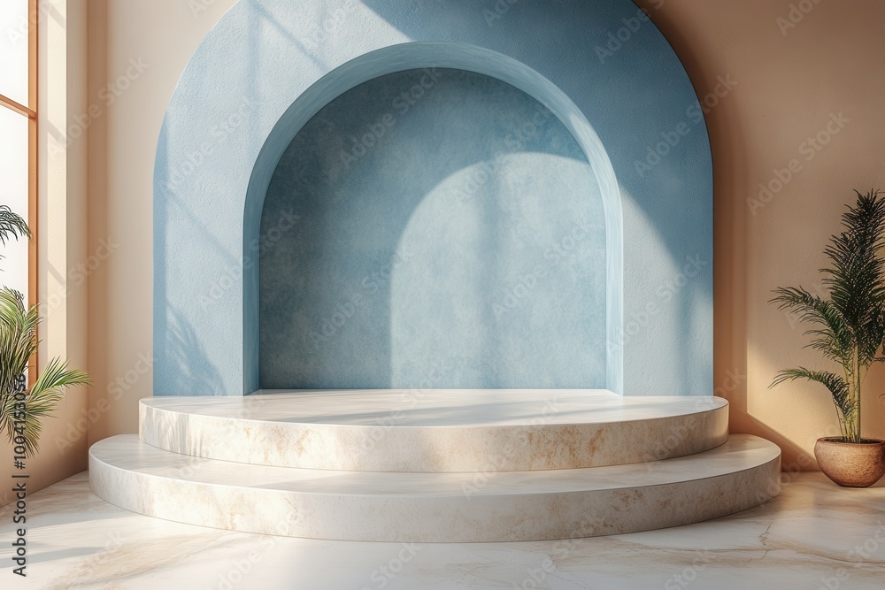A serene interior featuring a curved blue wall and elegant marble steps, illuminated by natural light, This space is ideal for showcasing products, fashion, or staging events, A serene interior featuring a curved blue wall and elegant marble steps, illuminated by natural light, This space is ideal for showcasing products, fashion, or staging events,