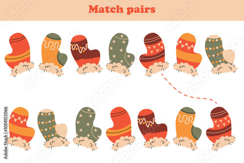 Educational worksheet for preschoolers. Find a pair of mittens. Game for children. Vector illustration.