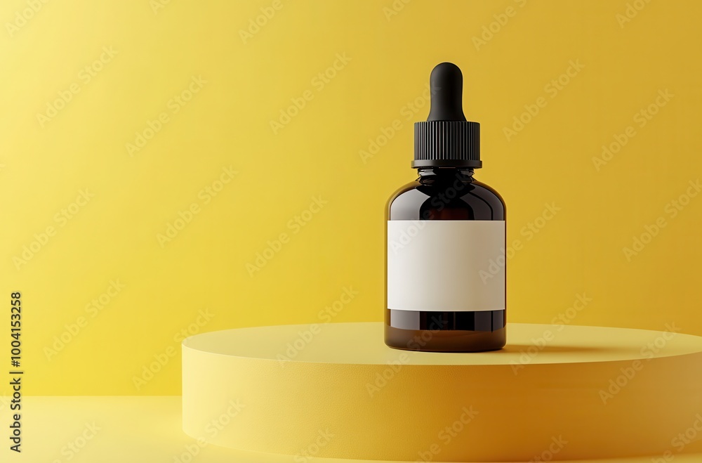 A minimalistic image of a dark glass dropper bottle on a yellow platform, perfect for showcasing skincare products, essential oils, or herbal tinctures, Ideal for marketing, advertising A minimalistic image of a dark glass dropper bottle on a yellow platform, perfect for showcasing skincare products, essential oils, or herbal tinctures, Ideal for marketing, advertising