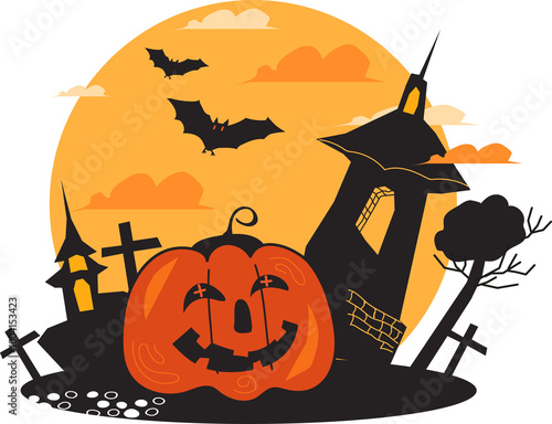 Halloween Autumn banner or card background with jack-o-lantern monster. Decorative Halloween poster design.