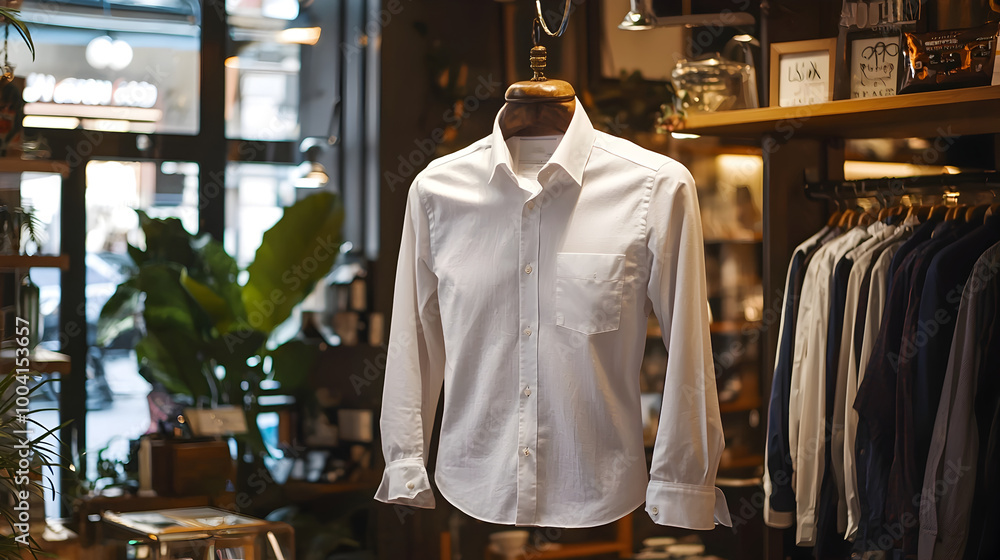 Elegant White Button-Down Shirt Displayed on Hanger in Clothing Retail Store Elegant White Button-Down Shirt Displayed on Hanger in Clothing Retail Store
