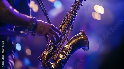 A saxophonist performs on a stage with a blue and purple spotlight.