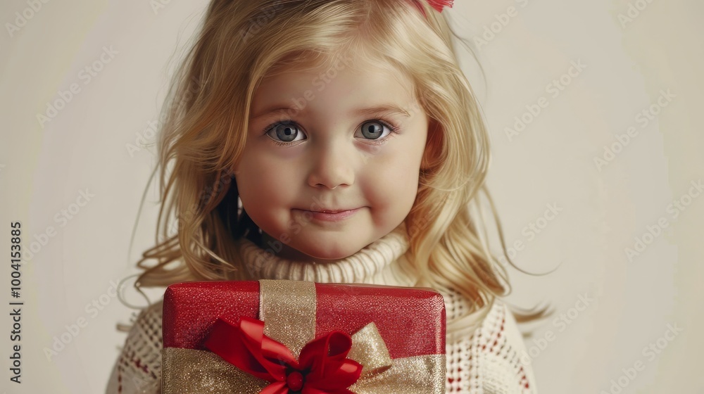 Young blonde child receiving big gift box for Christmas on white background Young blonde child receiving big gift box for Christmas on white background