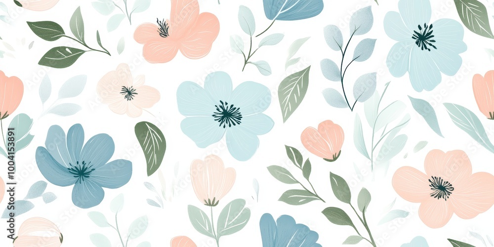 A floral pattern featuring various pastel flowers and leaves on a light background. A floral pattern featuring various pastel flowers and leaves on a light background.