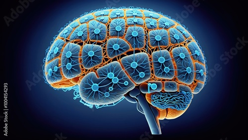 Cerebro vista lateral, en lugar de circunvoluciones muestra segmentos poliédricos en cada región afronta, parietal, temporal y occipital, representa de forma simbólica las neurociencias.  photo