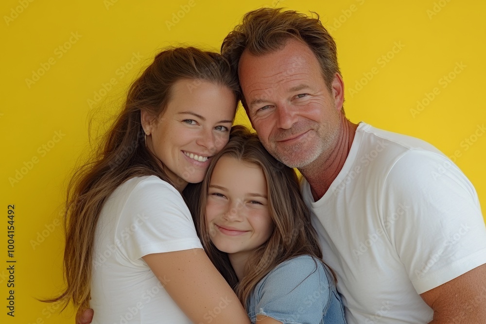 Dad, mom and little foxy lady wearing casual outfits on yellow background have a great time Dad, mom and little foxy lady wearing casual outfits on yellow background have a great time