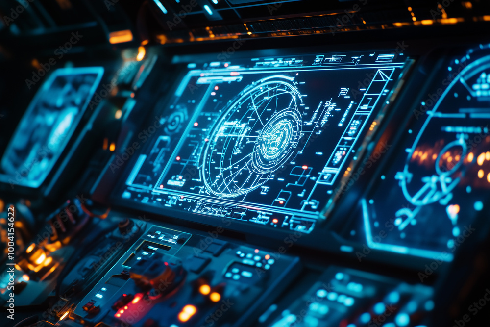A detailed shot of a spaceship’s control panel, featuring holographic displays with navigation maps and alien symbols glowing in the air. A detailed shot of a spaceship’s control panel, featuring holographic displays with navigation maps and alien symbols glowing in the air.