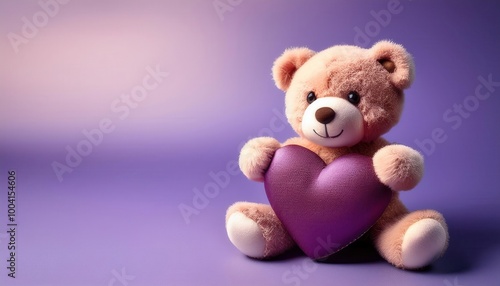 Adorable Plush Teddy Bear Holding a Lavender Heart Cushion Against a Soft Purple Background, Symbolizing Love and Affection with Gentle Bokeh Hearts Floating in the Background. Valentine's Day Couple