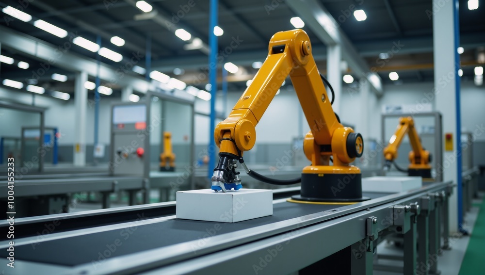 Robot arm working on conveyor belt in modern industrial automation setting futuristic technology Robot arm working on conveyor belt in modern industrial automation setting futuristic technology