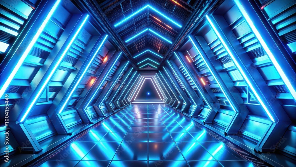 Futuristic Sci Fi Triangle Ship Corridor with Hexagon Door, Blue Neon Stripes Futuristic Sci Fi Triangle Ship Corridor with Hexagon Door, Blue Neon Stripes