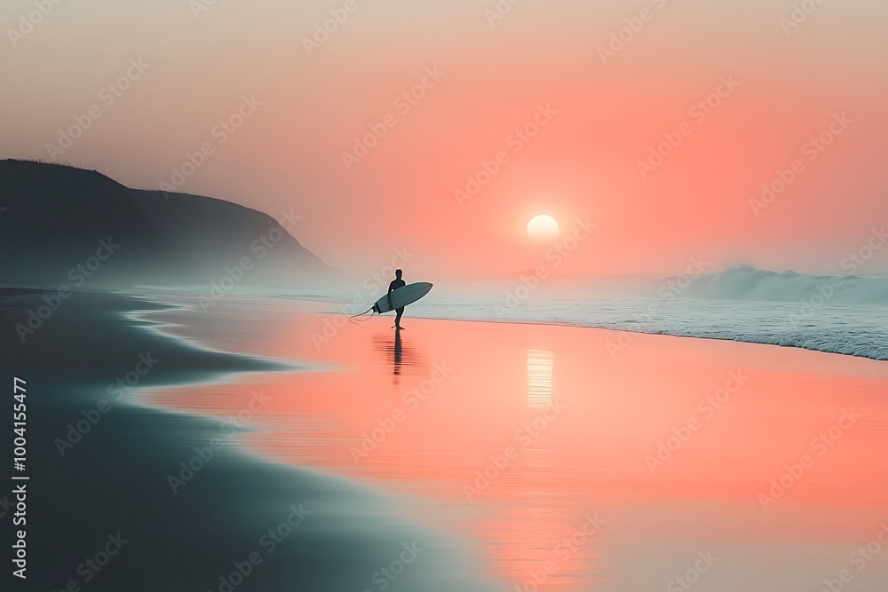 A lone surfer walks on a beach at sunset with pink and orange reflections A lone surfer walks on a beach at sunset with pink and orange reflections