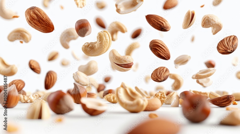 Assorted nuts mix floating above white background, levitation effect. Assorted nuts mix floating above white background, levitation effect.