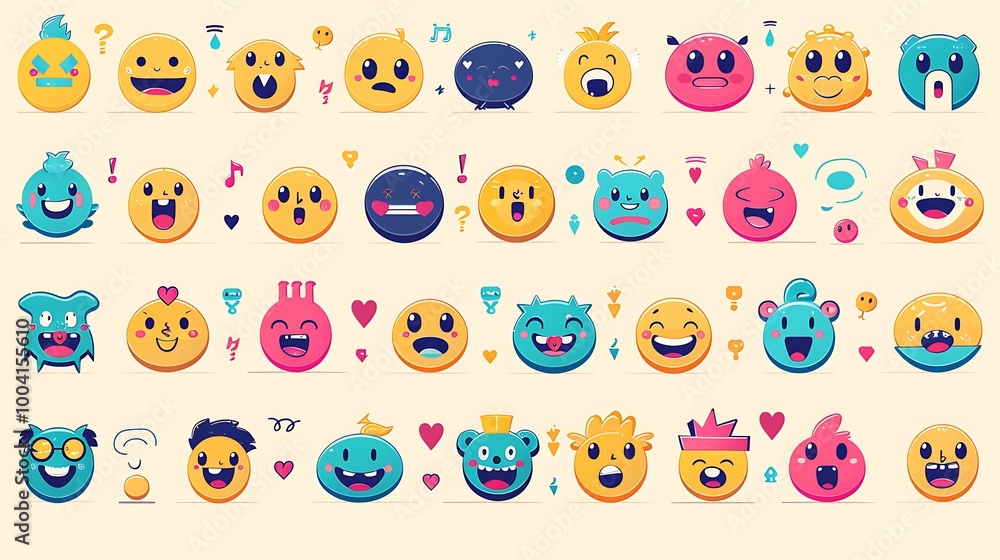 Naklejka premium An emoji design set featuring expressive faces and symbols, perfect for use in messaging apps and digital communication. The emojis are displayed in a grid format, each with a clear and playful