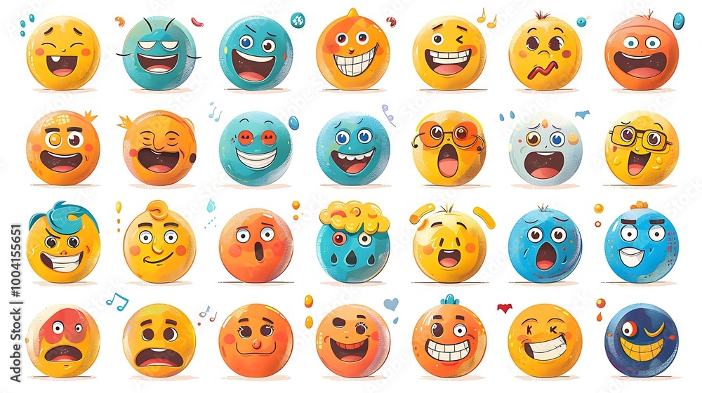 An emoji design set featuring expressive faces and symbols, perfect for use in messaging apps and digital communication. The emojis are displayed in a grid format, each with a clear and playful An emoji design set featuring expressive faces and symbols, perfect for use in messaging apps and digital communication. The emojis are displayed in a grid format, each with a clear and playful