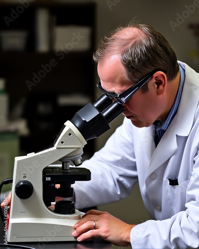 Scientist looking through a microscope in a lab. photo