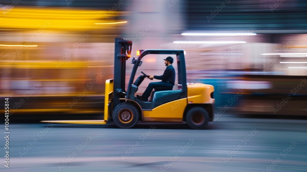 Forklift in fast motion in warehouse motion blur. Forklift driver preparing products for shipment, delivery, checking stock in warehouse. Forklift in fast motion in warehouse motion blur. Forklift driver preparing products for shipment, delivery, checking stock in warehouse.